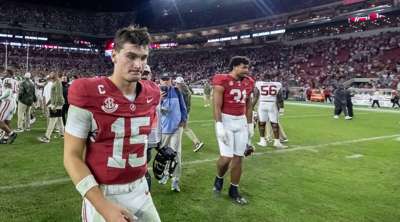 Alabama quarterback Ty Simpson walks off the field after losing to Oklahoma on Saturday, Nov. 15, 2025, in Tuscaloosa, Ala. (Vasha Hunt/AP)