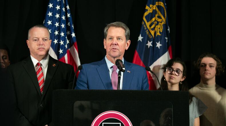 Gov. Brian Kemp talks about his budget proposal, including a $2,000 teacher pay raise, before a tour of McEachern High School in Powder Springs on Thursday, Feb. 13, 2020. REBECCA WRIGHT / FOR THE AJC