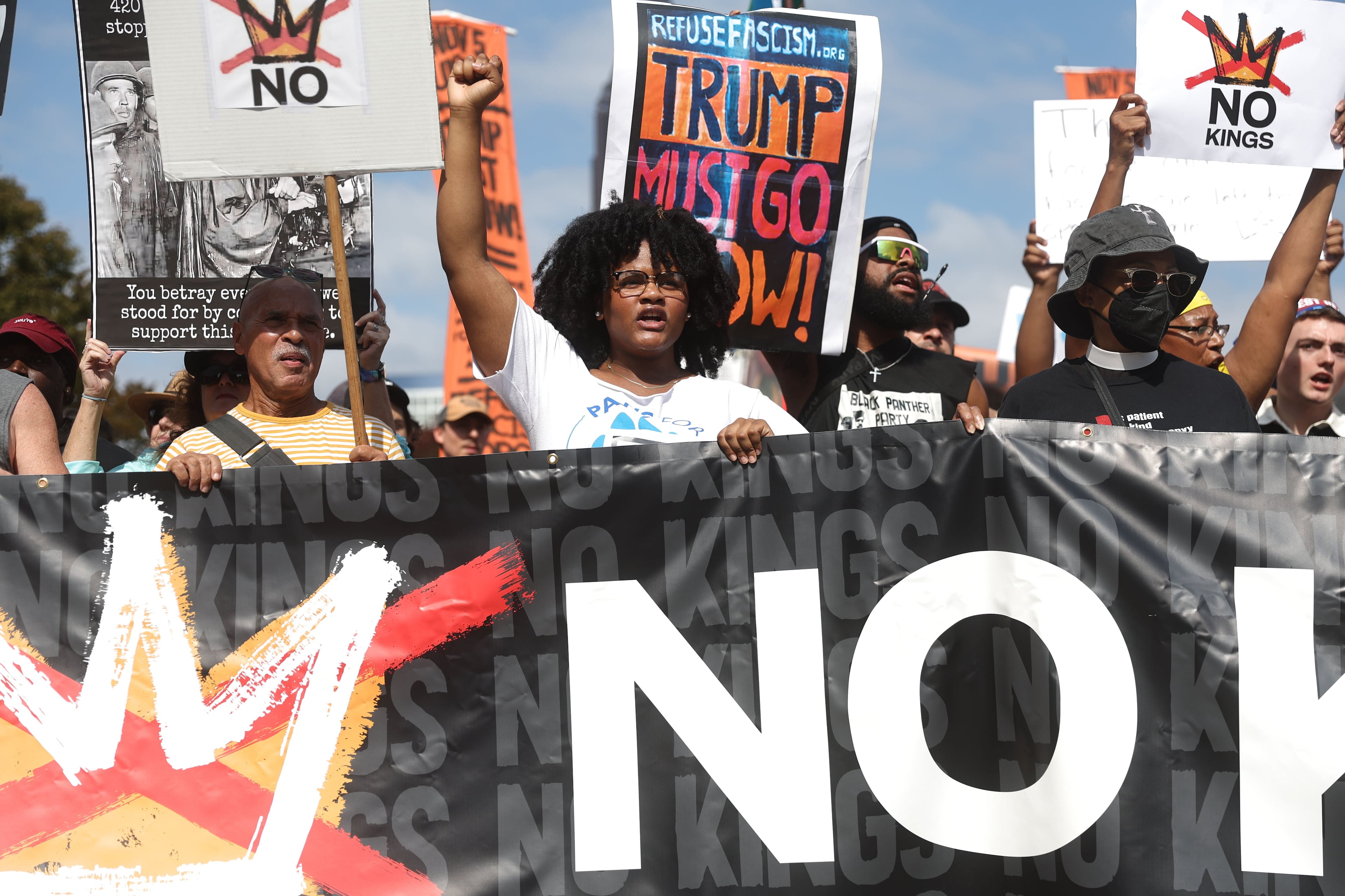 "No Kings" protesters marched down Courtland Street from the Atlanta Civic Center to Liberty Plaza on Saturday. (Abbey Cutrer / AJC)