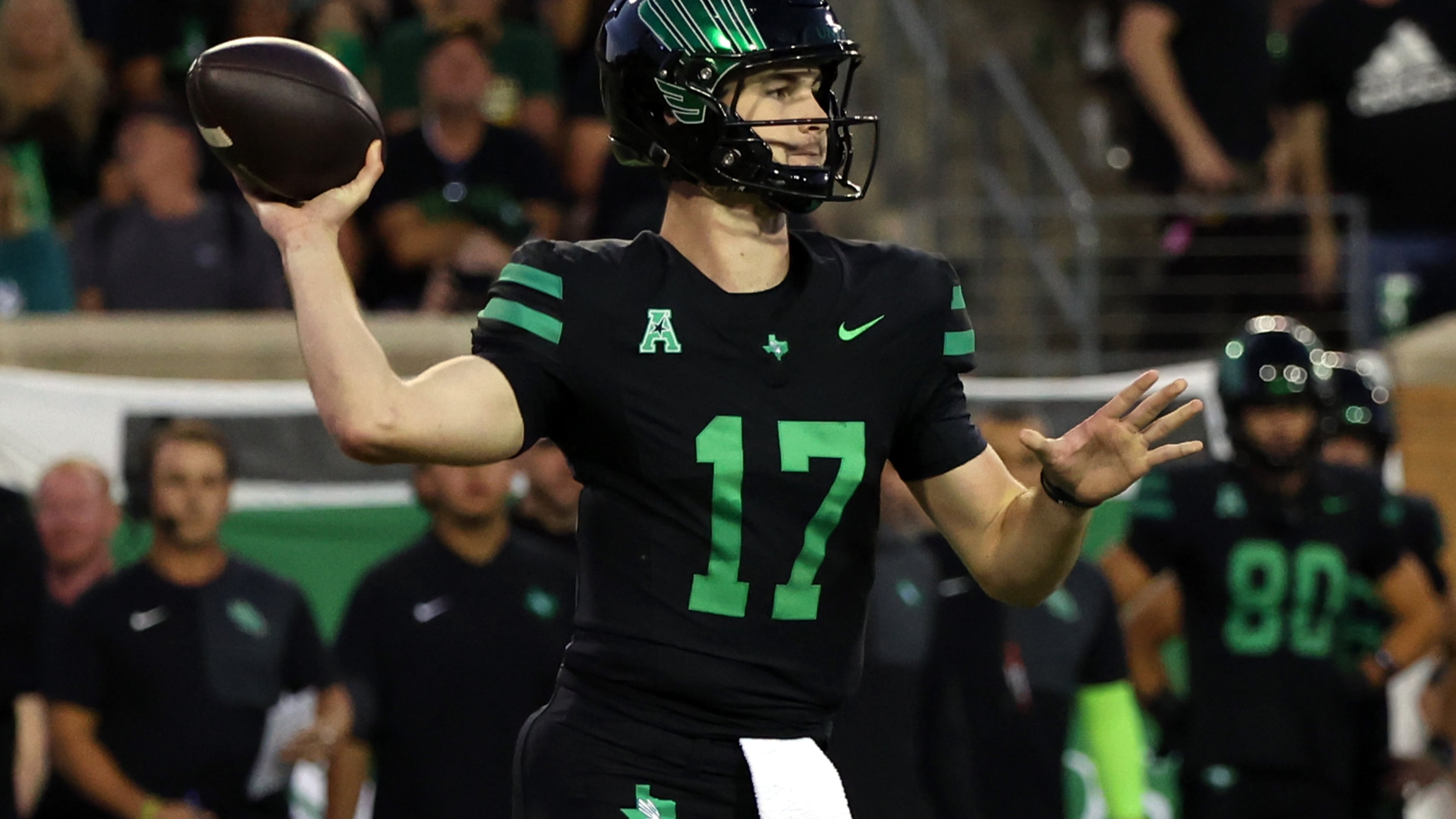 North Texas quarterback Drew Mestemaker (17) looks to throw a pass against South Florida during an NCAA college football game Friday, Oct. 10, 2025, in Denton, Texas. (AP Photo/Richard W. Rodriguez)