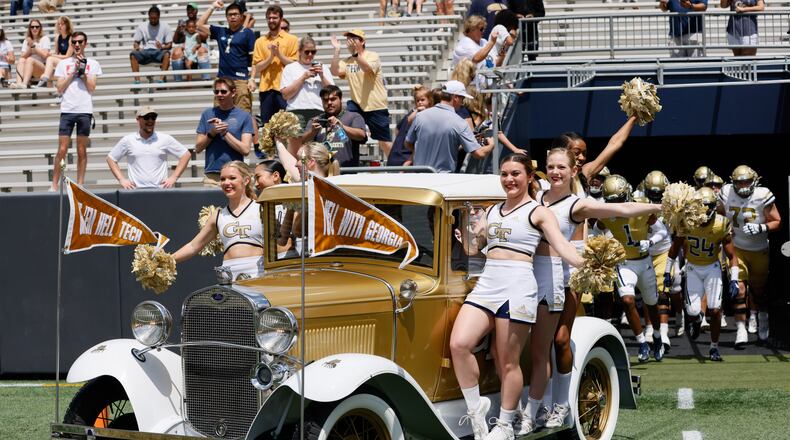 The Ramblin' Wreck leads the teams onto the field for Georgia Tech's spring football game in Atlanta on Saturday, April 15, 2023. (Bob Andres for the Atlanta Journal Constitution)