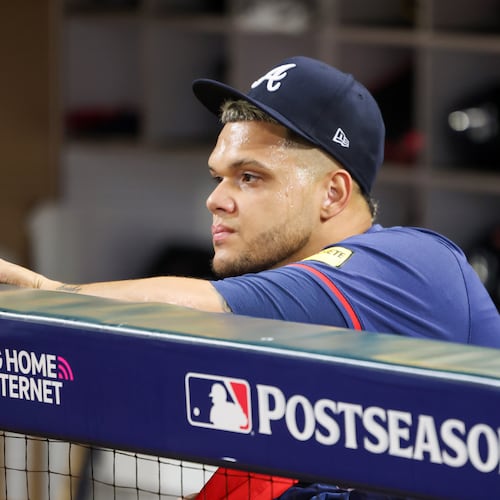 Atlanta Braves pitcher Joe Jimenez missed the 2025 season after undergoing surgery to repair cartilage damage in his left knee. (Jason Getz/AJC 2024)