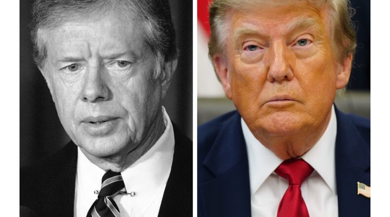 This combination of photos taken at the White House in Washington shows President Jimmy Carter, Nov. 3, 1980, left, and President Donald Trump, July 13, 2026. (AP Photo)