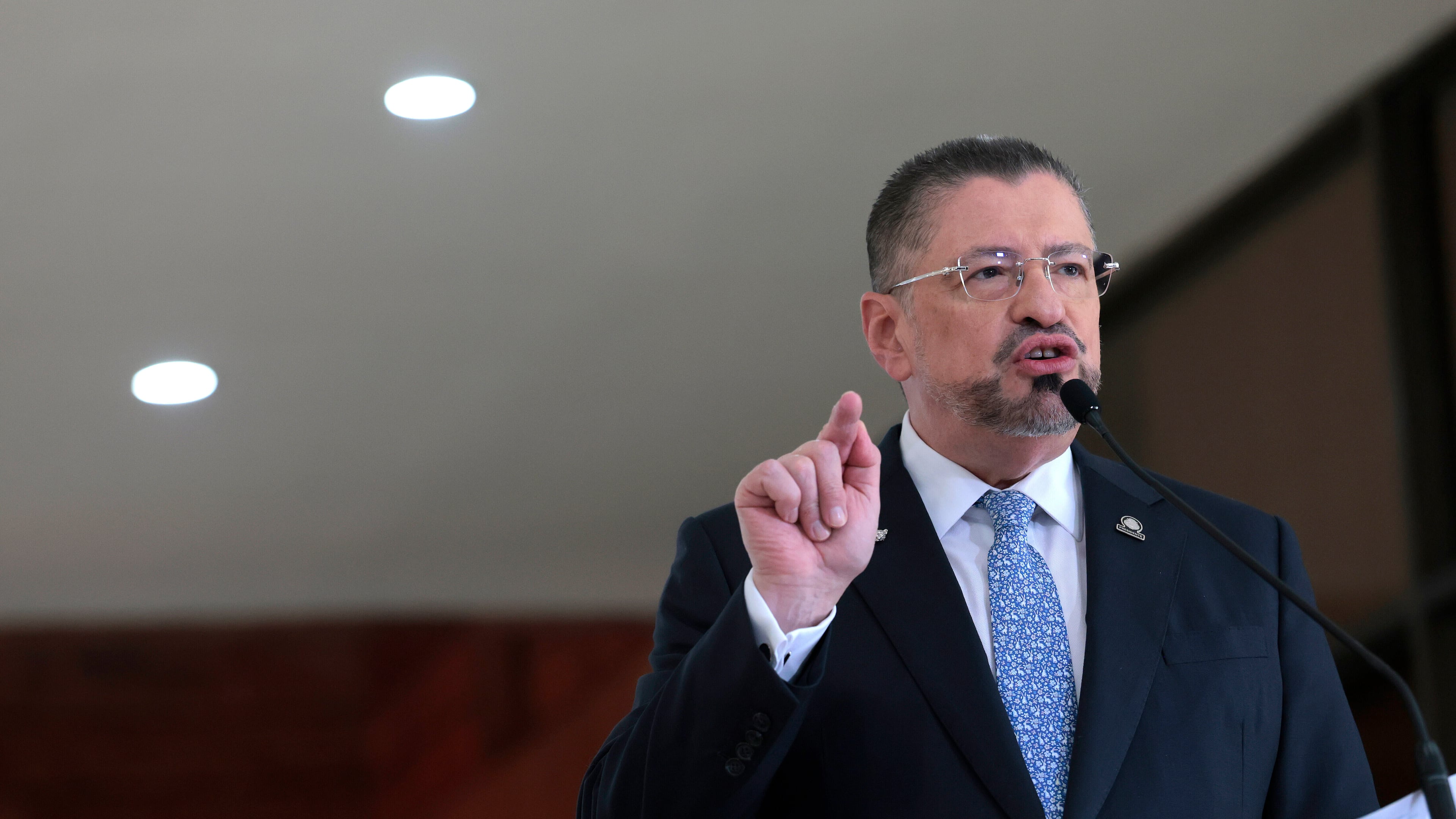 FILE - Costa Rican President Rodrigo Chaves gives a joint news conference with U.S. Homeland Security Secretary Kristi Noem at the presidential palace in San Jose, Costa Rica, June 25, 2025. (Anna Moneymaker/Pool Photo via AP, File)