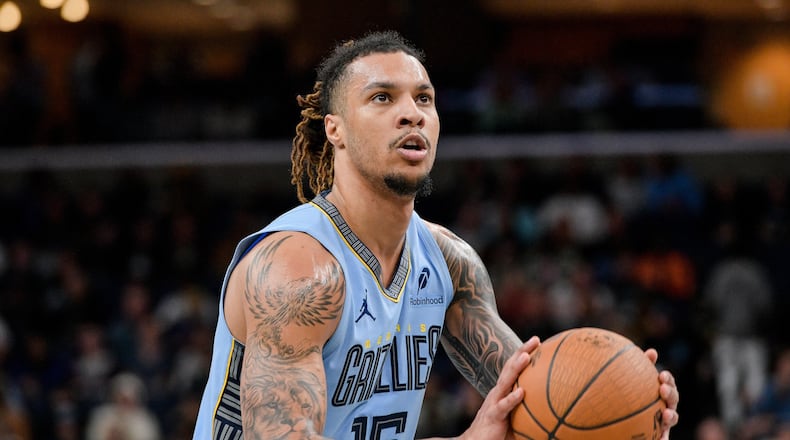 FILE - Memphis Grizzlies forward Brandon Clarke (15) shoots a free throw during an NBA Cup basketball game against the Denver Nuggets, Nov. 19, 2024, in Memphis, Tenn. (AP Photo/Brandon Dill, File)