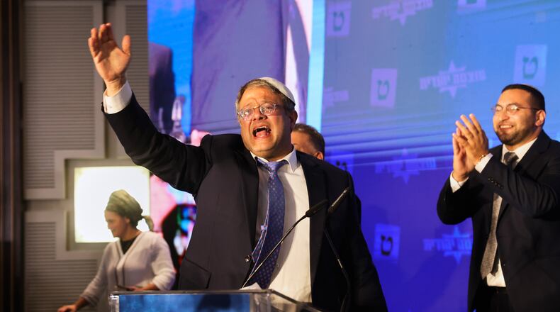 FILE - Israeli far-right lawmaker Itamar Ben-Gvir gestures after election exit poll results are released at his party's headquarters in Jerusalem on Nov. 2, 2022. (AP Photo/Oren Ziv, File)