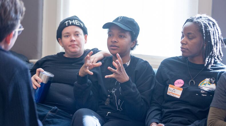 Maya Wiseman talks at a Friendsgiving Potluck hosted by Southern Fried Queer Pride at Neighborhood Church in Atlanta, GA, on Sunday, November 20, 2022.(Photo/Jenn Finch)