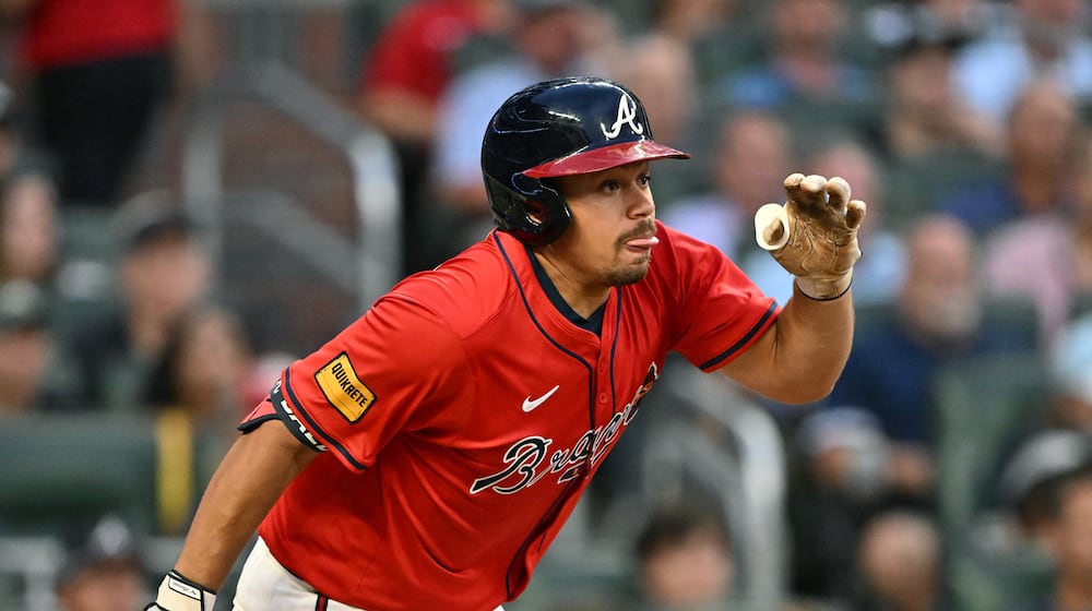 Atlanta Braves catcher Drake Baldwin hits an RBI single to score Atlanta Braves outfielder Ronald Acuña Jr. during the fourth inning of a baseball game at Truist Park, Friday, July 18, 2025. (Hyosub Shin/AJC)