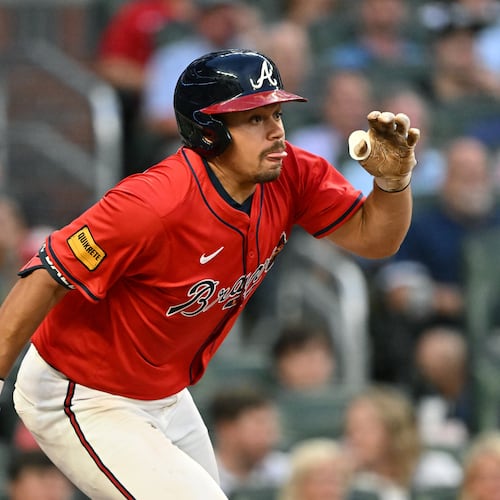 Atlanta Braves catcher Drake Baldwin hits an RBI single to score Atlanta Braves outfielder Ronald Acuña Jr. during the fourth inning of a baseball game at Truist Park, Friday, July 18, 2025. (Hyosub Shin/AJC)