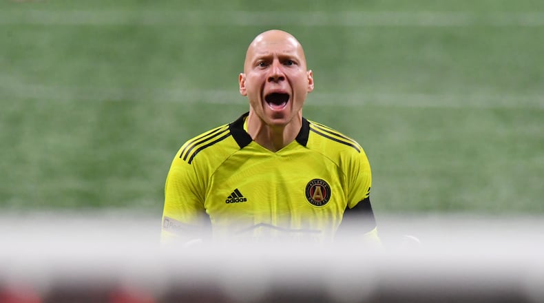 April 24, 2021 Atlanta - Atlanta United's goalkeeper Brad Guzan (1) reacts after an own goal by Chicago Fire's defender Johan Kappelhof (4) during the second half in a MLS soccer match at Mercedes-Benz Stadium in Atlanta on Saturday, April 24, 2021. Atlanta United won 3-1 over Chicago Fire. (Hyosub Shin / Hyosub.Shin@ajc.com)