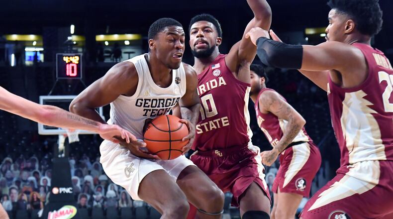 Georgia Tech's forward Moses Wright (5) prepares to shoot Saturday, Jan. 30, 2021, at McCamish Pavilion in Atlanta. Georgia Tech won 76-65 over the Florida State. (Hyosub Shin / Hyosub.Shin@ajc.com)