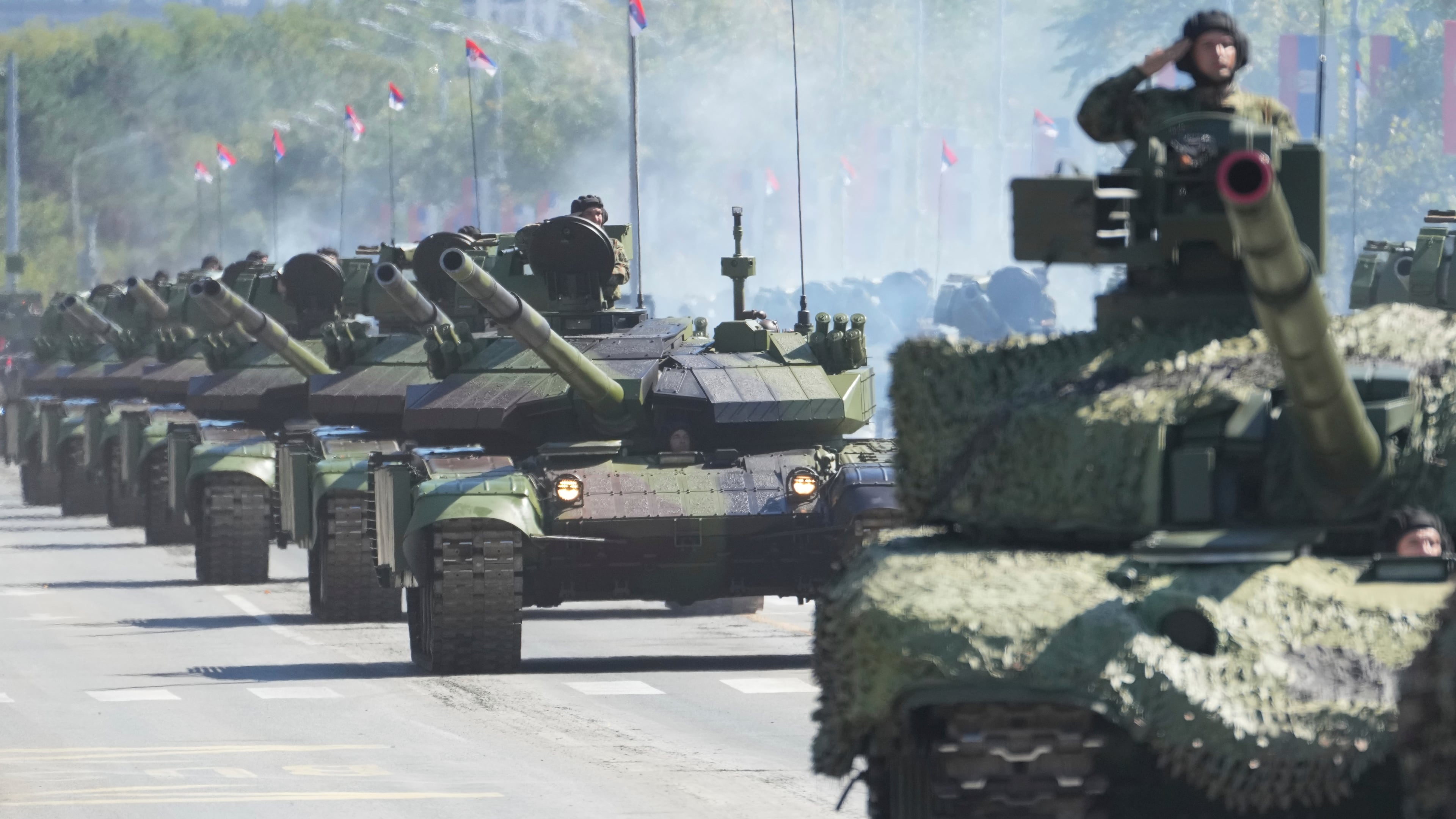Serbian Army soldiers perform during a military parade in Belgrade, Serbia, Saturday, Sept. 20, 2025. (AP Photo/Darko Vojinovic)