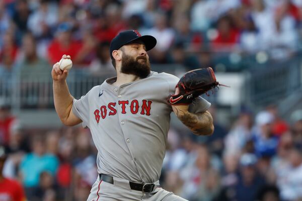 Boston Red Sox pitcher Lucas Giolito throws during the first inning of a baseball game against the Atlanta Braves, Friday, May 30, 2025, in Atlanta. (AP Photo/Butch Dill)