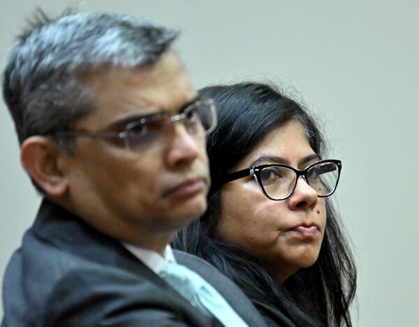 Sumanth (left) and Anindita Rao, Ananya's parents, appear during a hearing before Superior Court Judge Tangela Barrie at DeKalb County Courthouse in April 2026. (Hyosub Shin/AJC)
