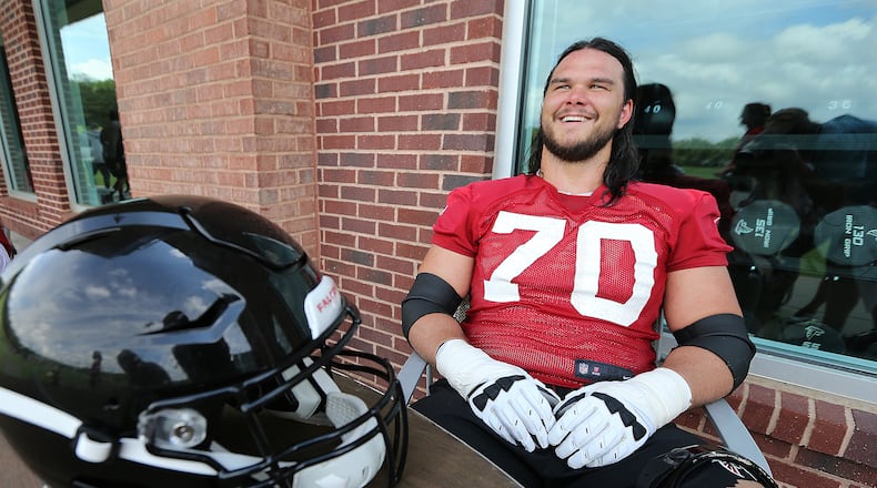 May 30, 2018 Flowery Branch: Atlanta Falcons offensive lineman Jake Matthews is all smiles during an interview after organized team activity on Wednesday, May 30, 2018, in Flowery Branch. Curtis Compton/ccompton@ajc.com