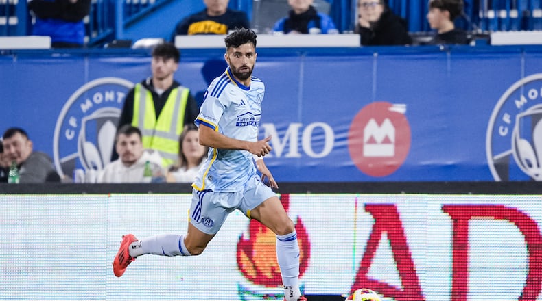 Atlanta United defender Pedro Amador dribbles the ball during the match against the CF Montreal at Stade Saputo in Montreal on Oct. 22, 2024. (Mitch Martin/Atlanta United)