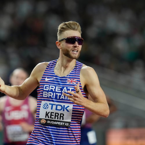 FILE - Josh Kerr, of Great Britain, reacts after winning the men's 1500-meters final during the World Athletics Championships in Budapest, Hungary, Wednesday, Aug. 23, 2023. (AP Photo/Ashley Landis, file)