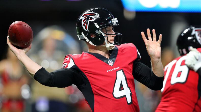 August 31, 2017 Atlanta: Falcons quarterback Matt Simms pases against the Jaguars during the first quarter in a NFL preseason football game on Thursday, August 31, 2017, in Atlanta.    Curtis Compton/ccompton@ajc.com