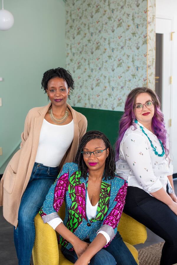 Rori Robinson, Keyatta Mincey Jones and Stephanie Saputo run the nonprofit A Sip of Paradise community garden, which became a place of refuge for Atlanta bartenders during the pandemic. Courtesy of Rori Robinson