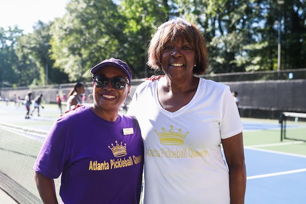 Co-founders Suzanne Ockleberry and Audrey Davis pose for a portrait during the Atlanta Pickleball Queens Play Day event at Sykes Park in East Point, Georgia, on Saturday, July 26, 2025. (Abbey Cutrer/AJC)