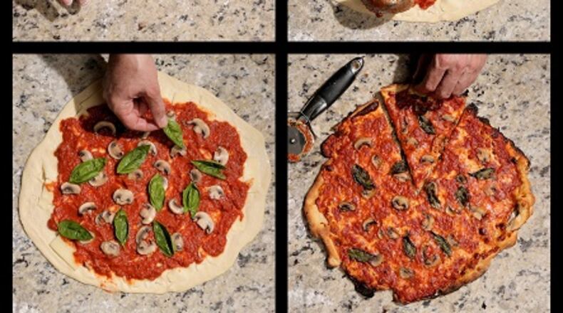Steps in making a homemade pizza include (clockwise from top left) rolling out the dough, placing a layer of cheese and sauce, then add toppings, and finally bake in the oven. (Huy Mach/St. Louis Post-Dispatch/TNS)