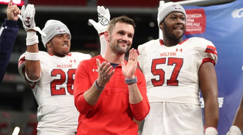 Milton coach Adam Clack must replace all-state safety Joe Charleston (left) but returns most of its offensive and defensive linemen, including Paul Tchio (right), a four-star recruit who is committed to joining Charleston at Clemson.