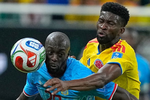 Congo's Yoane Wissa (left) and Colombia's Jefferson Lerma battle for the ball during their World Cup match in Zapopan, near Guadalajara, Mexico, Tuesday, June 23, 2026. (Natacha Pisarenko/AP)