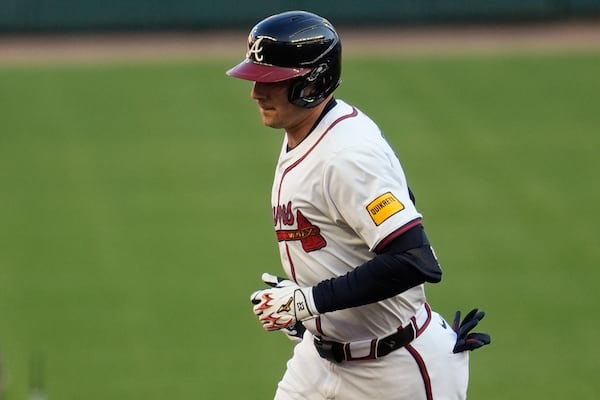 Atlanta Braves third baseman Austin Riley (27) runs the bases after hitting a two-run homer against the Los Angeles Dodgers in the first inning of a baseball game, Sunday, May 4, 2025, in Atlanta. (AP Photo/Mike Stewart)