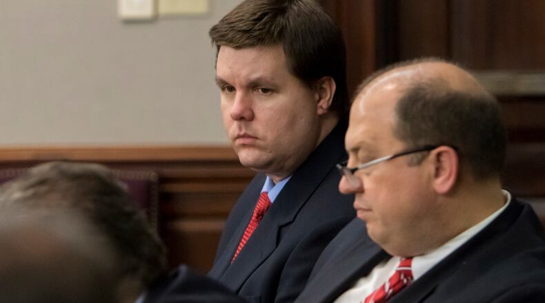 Justin Ross Harris sits next to Bryan Lumpkin (right), one of his attorneys, during his murder trial in Brunswick in 2016. (Stephen B. Morton for The Atlanta Journal Constitution)