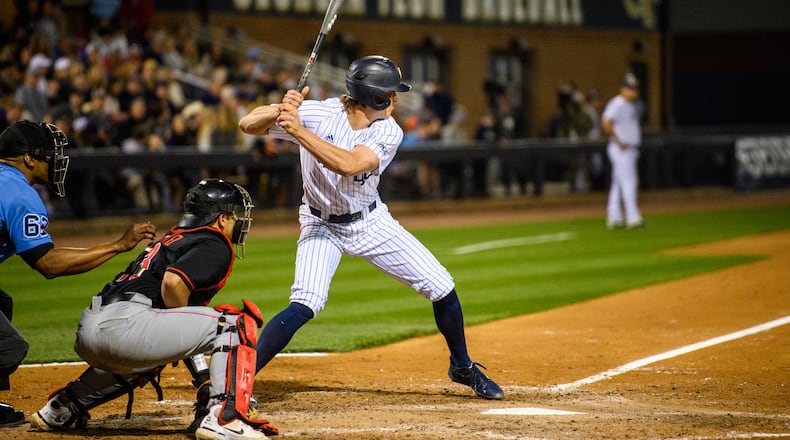 Georgia Tech first baseman John Giesler, here at bat against Georgia March 4, 2022 at Russ Chandler Stadium, is a candidate to start for the Yellow Jackets in 2023. (Danny Karnik/Georgia Tech Athletics)