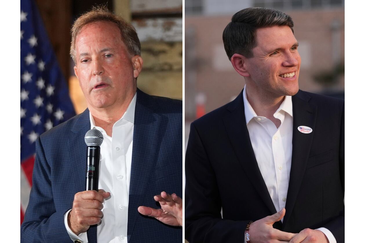 FILE - At left, Texas Attorney General Ken Paxton speaks in McKinney, Texas, May 19, 2026, and at right, Texas state Rep. James Talarico, after voting, in Austin, Texas, Feb. 17, 2026. (AP Photo/LM Otero and Eric Gay,File)