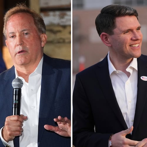 FILE - At left, Texas Attorney General Ken Paxton speaks in McKinney, Texas, May 19, 2026, and at right, Texas state Rep. James Talarico, after voting, in Austin, Texas, Feb. 17, 2026. (AP Photo/LM Otero and Eric Gay,File)