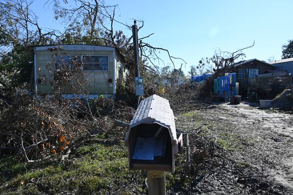 Mail sits inside a mailbox outside a destroyed mobile home in the aftermath of Hurricane Helene at Pecan Park mobile home community on Monday, Oct. 21, 2024, in Hazlehurst, Ga. (Hyosub Shin/AJC)