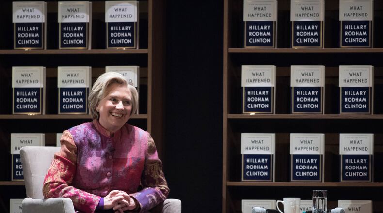 Hillary Clinton on Nov. 13, 2017 speaking about her new book “What Happened” during a promotional book tour at the Fox Theatre, in Atlanta. BRANDEN CAMP/SPECIAL