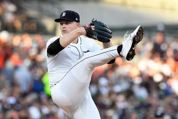 Detroit Tigers starting pitcher Tarik Skubal winds up to throw during the fourth inning of a baseball game against the Minnesota Twins, Sunday, June 29, 2025, in Detroit. (AP Photo/Jose Juarez)