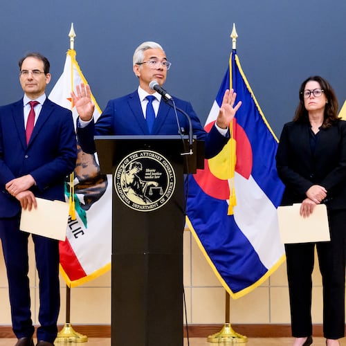 California Attorney General Rob Bonta discusses a lawsuit against Meta during a press conference on Tuesday, Aug. 18, 2026, in Oakland, Calif. Joining him are Colorado Attorney General Philip Weiser, and New Jersey Attorney General Jennifer Davenport. (AP Photo/Noah Berger)