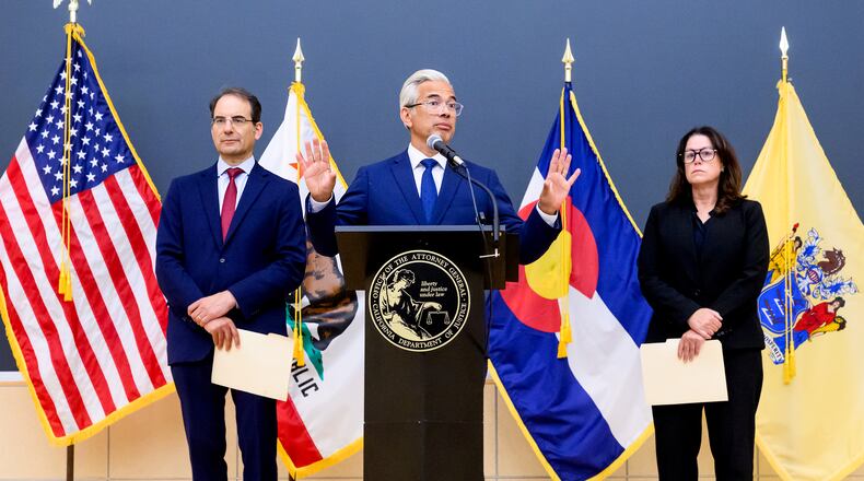 California Attorney General Rob Bonta discusses a lawsuit against Meta during a press conference on Tuesday, Aug. 18, 2026, in Oakland, Calif. Joining him are Colorado Attorney General Philip Weiser, and New Jersey Attorney General Jennifer Davenport. (AP Photo/Noah Berger)
