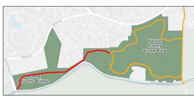 The Abbotts Bridge Chattahoochee River National Recreation Area (CRNA shown in red) was identified as the ideal first segment for the City’s Chattahoochee River Greenway. (Courtesy City of Johns Creek)
