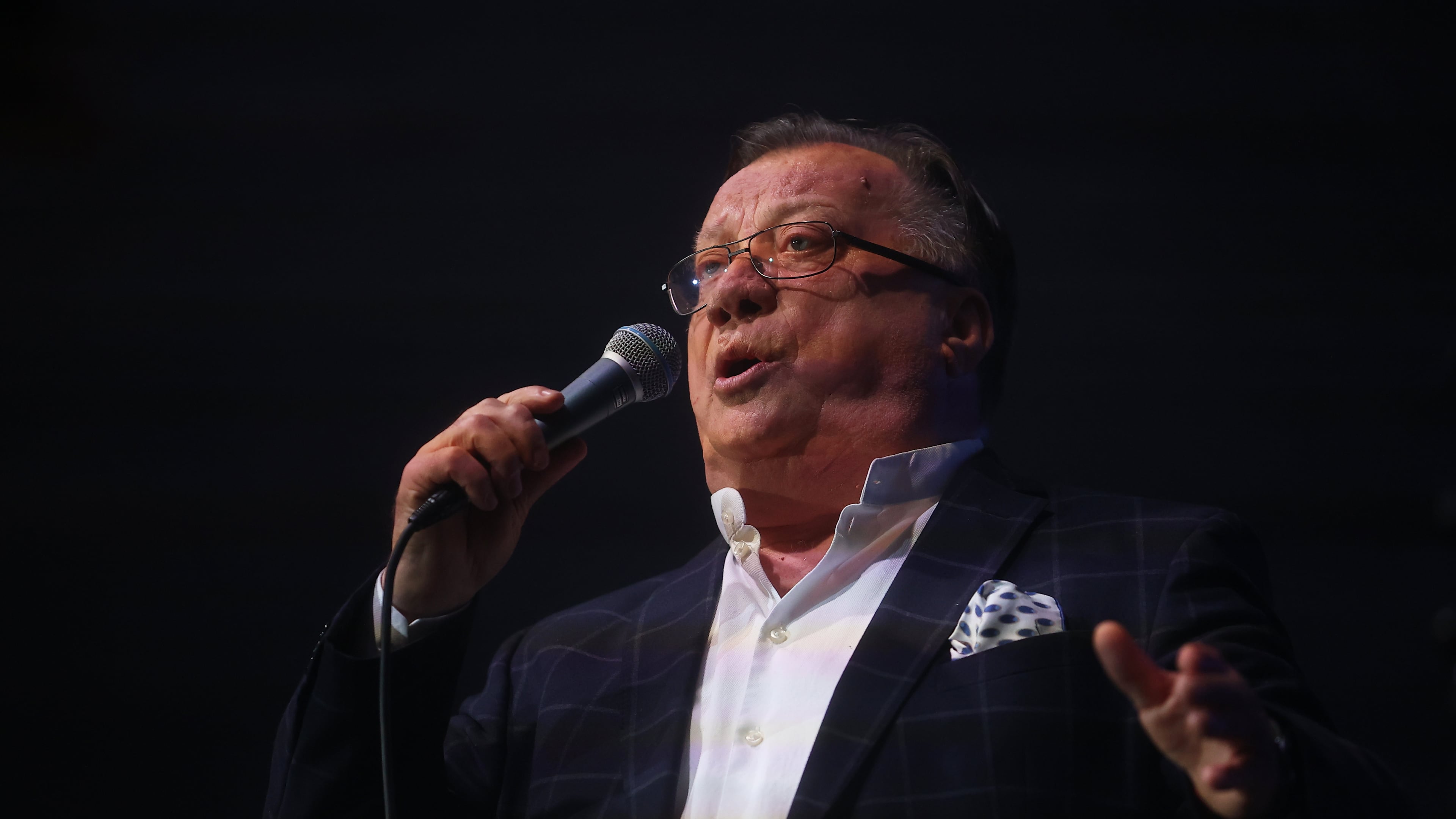 FILE - A popular Bosnian folk singer Halid Beslic who also was also widely known for his humanitarian work during and after the country's bloody 1992-95 war performs during a concert, in Sarajevo, Bosnia, Nov. 11, 2023. (AP Photo/Armin Durgut, File)