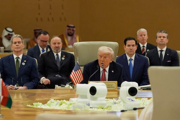 President Donald Trump speaks during the Gulf Cooperation Council (GCC) Summit in Riyadh, Saudi Arabia, Wednesday, May 14, 2025. (AP Photo/Alex Brandon)