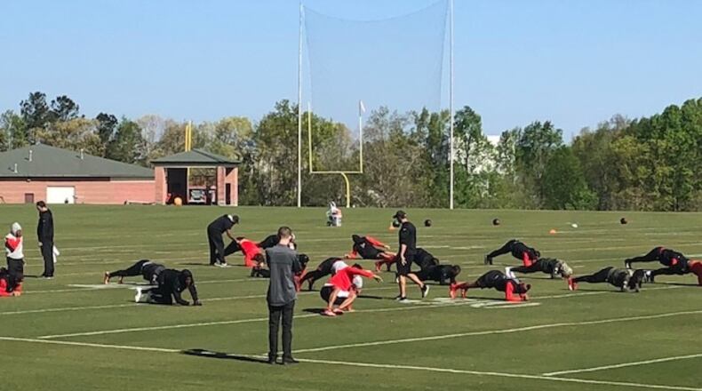 The Falcons working out during the second day of their offseason program. on April 17, 2018.