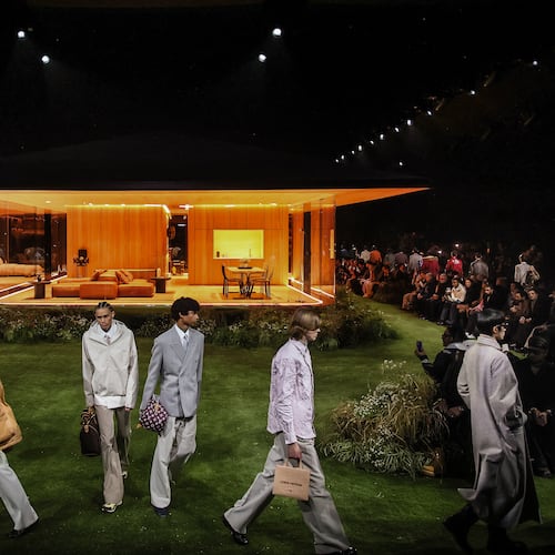 Models wear creations as part of the Louis Vuitton Fall/Winter 2026-2027 Men's collection presented in Paris, Tuesday, Jan. 20, 2026. (AP Photo/Thomas Padilla)