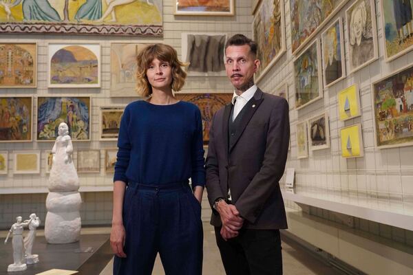Elin Westerholm, left, and Lupus Nensén, members of Anonymouse art collective, pose for a photo at Skissernas Museum in Lund, southern Sweden, Friday, June 27, 2025. (AP Photo/James Brooks)