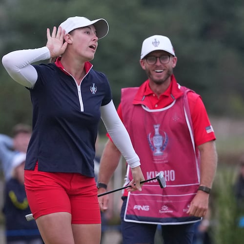 Jennifer Kupcho of the United States celebrates after holing a putt on the 18th green during the Solheim Cup in Den Bosch, Netherlands, Saturday, Sept. 12, 2026. (AP Photo/Alastair Grant)