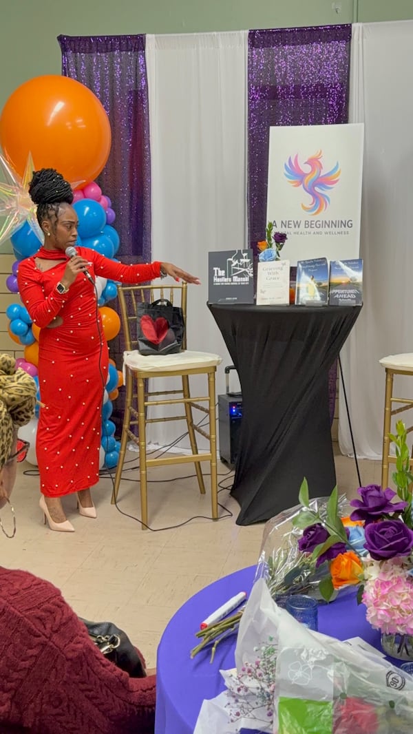 Jamie Kirk, founder of A New Beginning Mental Health & Wellness, speaks at the launch event on Tuesday, Nov. 18, 2025, at the Little Five Points Community Center in Atlanta. (Courtesy of Jamie Kirk) 