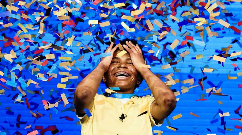 Zaila Avant-garde, 14, an eighth grader from New Orleans, reacts to winning the Scripps National Spelling Bee in Orlando, Florida Thurszday. Zaila, a 14-year-old, won on the word “murraya” and became the first Black American to win the spelling bee in almost 100 years of contests. (Scott McIntyre/The New York Times)
