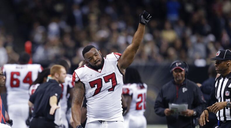 Atlanta Falcons defensive end Ra’Shede Hageman (77) reacts in the second half of an NFL football game against the New Orleans Saints in New Orleans, Sunday, Dec. 21, 2014. (AP Photo/Rogelio Solis)