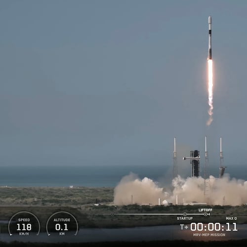 This image from video provided by SpaceX shows a Falcon 9 rocket carrying Northrop Grumman’s mission robotic vehicle — dubbed MRV, launches from Cape Canaveral, Fla., on Tuesday, July 21, 2026. (SpaceX via AP)