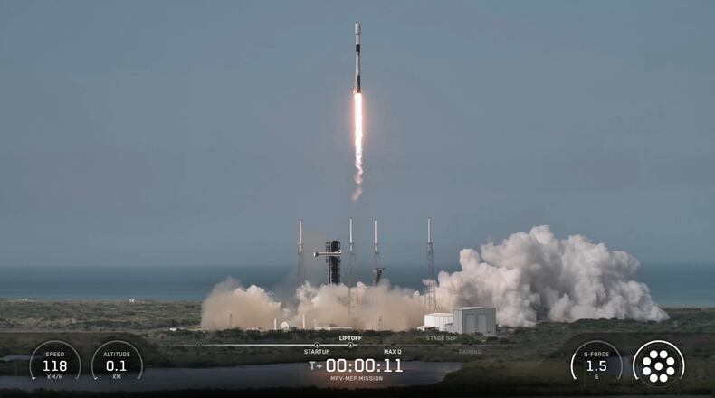 This image from video provided by SpaceX shows a Falcon 9 rocket carrying Northrop Grumman’s mission robotic vehicle — dubbed MRV, launches from Cape Canaveral, Fla., on Tuesday, July 21, 2026. (SpaceX via AP)