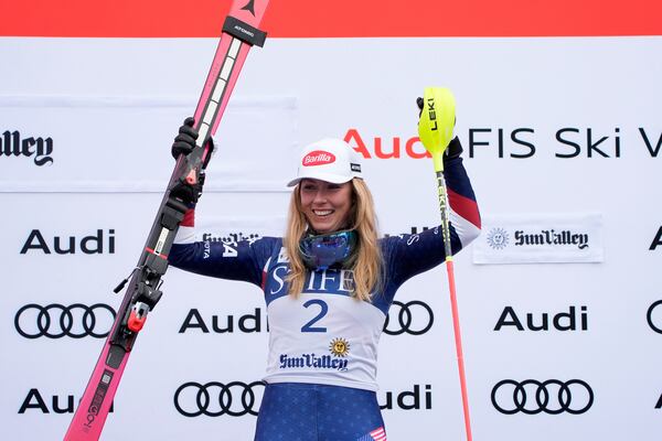 United States' Mikaela Shiffrin poses on the podium after winning the women's slalom at the World Cup Finals, Thursday, March 27, 2025, in Sun Valley, Idaho. (AP Photo/John Locher)